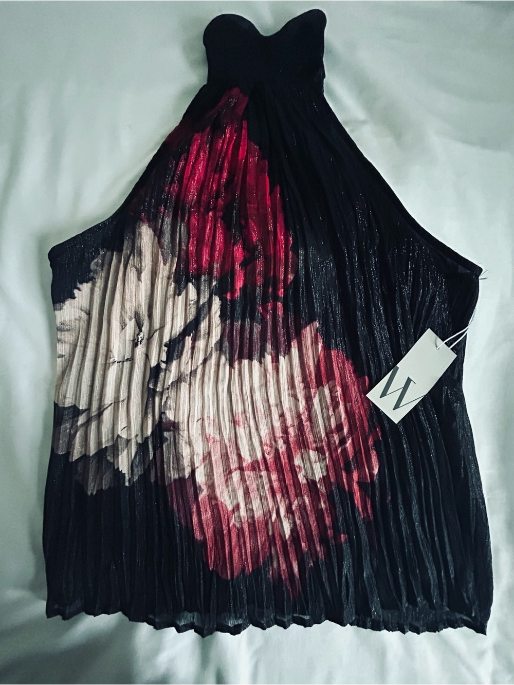 Worthington Black Pleated Halter Top with Floral Print